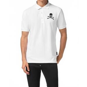 NEW PHILIPP PLEIN embroidered skull bones graphic polo shirt in white